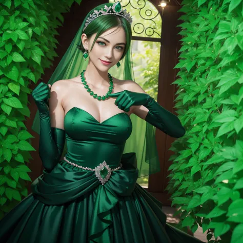 emerald tiara, Green Pearl Necklace, Boyish very short green hair, lipsticks, Japan woman smiling, very short short hair, fist, big breasts beautiful, Green eyes, Long green gloves made of satin material, Green eyes, Emerald Earrings