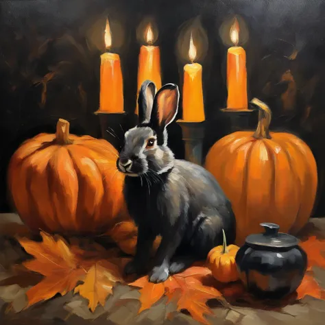 oil painting, rabbit sitting inside of pumpkin wearing a black witches hat,still life background,fall day,candles in background,candles in foreground