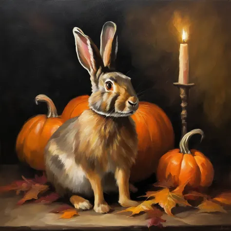 oil painting, rabbit sitting inside of pumpkin wearing a black witches hat,still life background,fall day,candles in background,candles in foreground