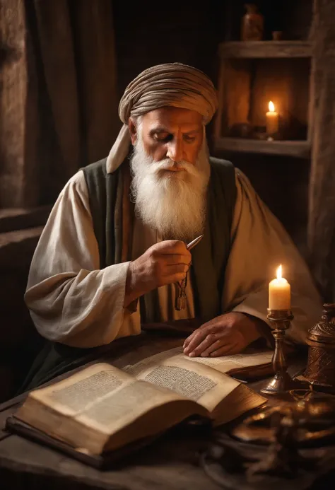 adrão
11:32:17
Develop an ultra-realistic image of an Old Testament prophet in a moment of reflection, Picture him writing a scroll in a rustic setting