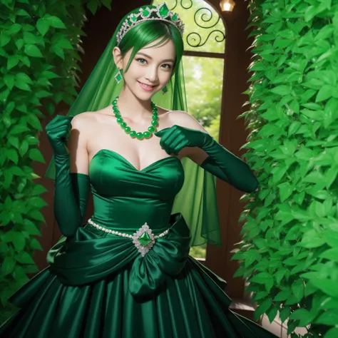 emerald tiara, Green Pearl Necklace, Boyish very short green hair, lipsticks, Japan woman smiling, very short short hair, fist, big breasts beautiful, Green eyes, Long green gloves made of satin material, Green eyes, Emerald Earrings