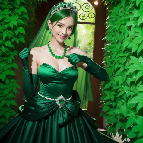 emerald tiara, Green Pearl Necklace, Boyish very short green hair, lipsticks, Japan woman smiling, very short short hair, fist, big breasts beautiful, Green eyes, Long green gloves made of satin material, Green eyes, Emerald Earrings