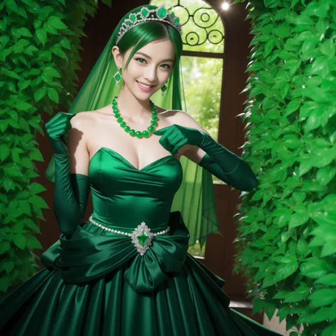 emerald tiara, Green Pearl Necklace, Boyish very short green hair, lipsticks, Japan woman smiling, very short short hair, fist, big breasts beautiful, Green eyes, Long green gloves made of satin material, Green eyes, Emerald Earrings