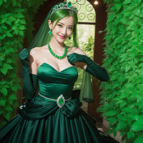 emerald tiara, Green Pearl Necklace, Boyish very short green hair, lipsticks, Japan woman smiling, very short short hair, fist, big breasts beautiful, Green eyes, Long green gloves made of satin material, Green eyes, Emerald Earrings