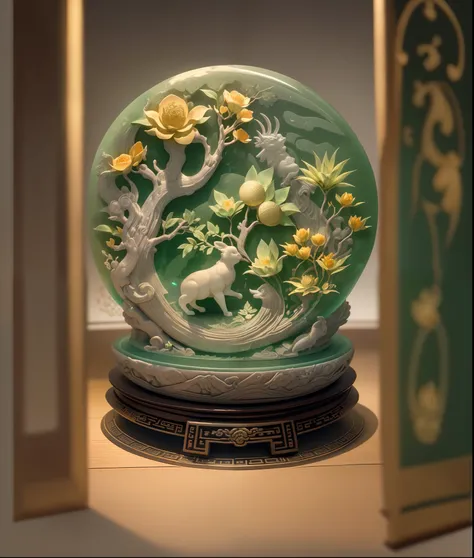 Jade-colored Chinese round jade in the British Museum display case, Traditional carving，Etching technology，(It is carved with elements of the Chinese Mid-Autumn Festival，moon full，Moon，laurel，sweet osmanthus，Chinese elements)，(Made of topaz and gold，Matte ...