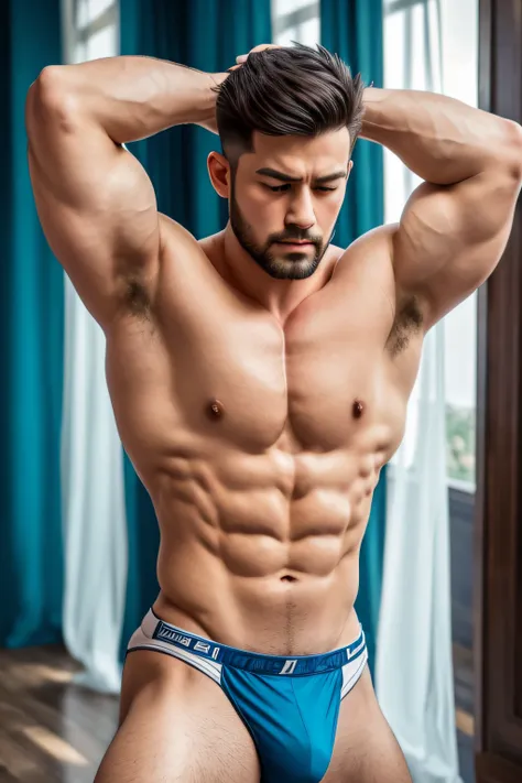 disconsolate，Ambient，artistic conception，large scene，The wind blew up the white curtains，Dattain lamps，Diffuse light，chest muscle，Shirtless, stubbles, Sideburns, musculature, Strong handsome guy，body builder，Hanfu，Golden blue、Jing Qing Moqing、Plain cherry ...