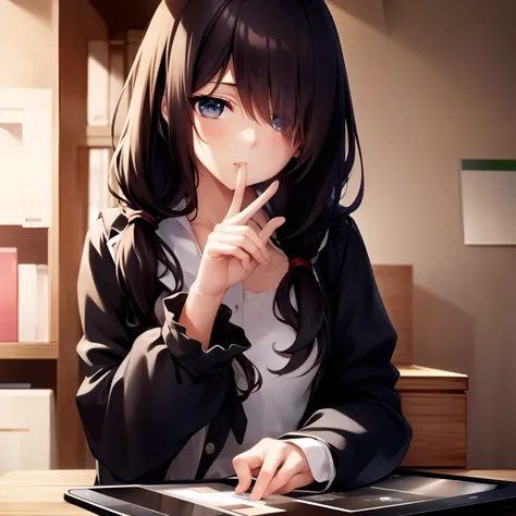 (​masterpiece}, {hight resolution}, {Good anatomy}, (top-quality), (extremely delicate and beautiful), (8k cg wallpaper), (illustratio), 1 girl in, A dark-haired, parka, Black skirt, One eye is hidden by hair, Take a closer look at your tablet、Drawing cart...