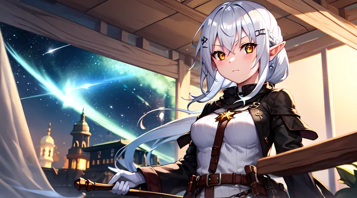 one girl, white color hair, yellow color eye, elf, medium breast, long ponytail hairstyle, adventure theme, looking at the star