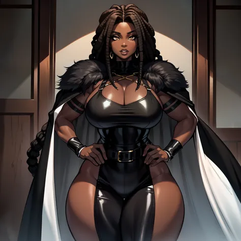 thicc muscular ebony skinned female mommy type, black dreadlocks, wearing sexy bdsm gear with a fur lined cape