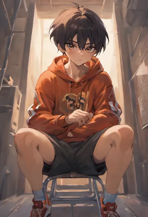 Draw a young and handsome athlete，with short black hair，with brown skin，musculous，Wearing Nike tracksuits，Black  shorts，bare-legged，Tied to a chair