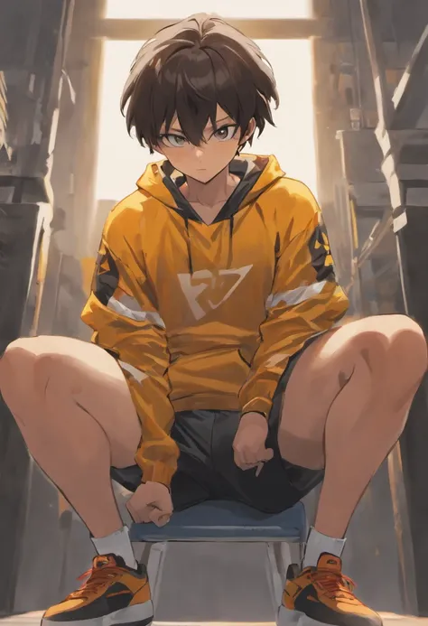 Draw a young and handsome athlete，with short black hair，with brown skin，musculous，Wearing Nike tracksuits，Black  shorts，bare-legged，Tied to a chair