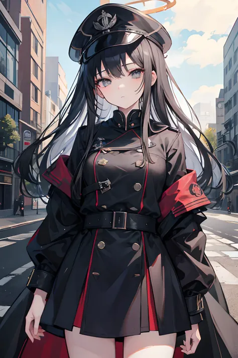 2D、​masterpiece、top-quality、extremely detailed eye、extra detailed face、女の子 1 人、独奏、is standing、Black trench coat、banya、Long、military outfits、Hats、grey  eyes、Straight face、Straight、Old guns、Circle of Angels、Halo、greyt hair、White armband、full bodyesbian、Semi-...