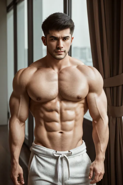 disconsolate，Ambient，artistic conception，large scene，The wind blew up the white curtains，Dattain lamps，Diffuse light，chest muscle，Shirtless, stubbles, Sideburns, musculature, Strong handsome guy，body builder，Hanfu，Golden blue、Jing Qing Moqing、Plain cherry ...