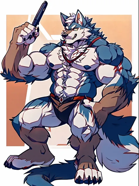 Human-wolf，musculous，Hairy all over，clawed paws，erect through