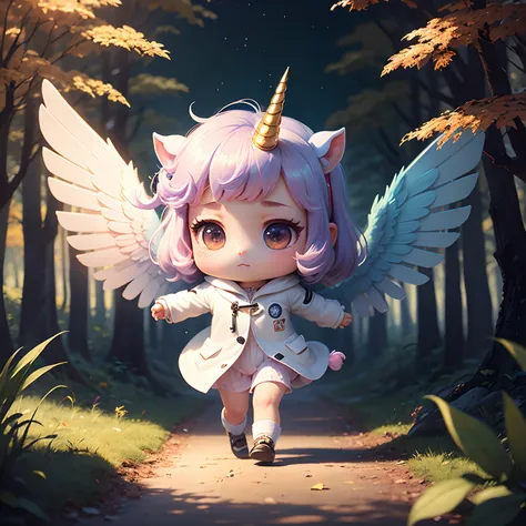 ​masterpiece、top-quality、ultra-detailliert、(Chibi Unicorn:1.2)、unicorn、Iridescent wings、White coat、Fairytale autumn forest、intergalactic、Running around