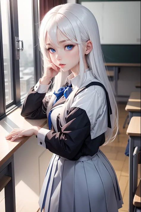 anime, white skin, white hair long, blue eyes, school uniform,classroom