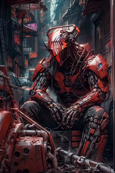 dark_fantasy,cyberpunk,(chain saw,chain saw man,red:1.1),1man,mechanical marvel,robotic presence,cybernetic guardian, wearing a ...