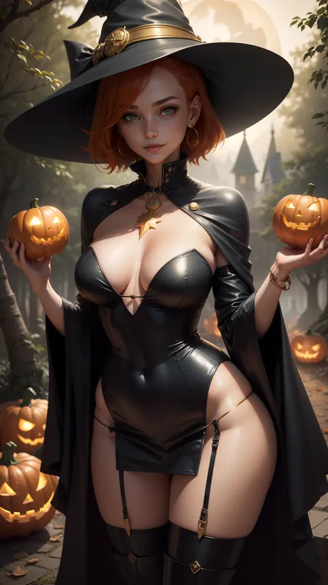 gwen tennyson,tracer,bulma,rebecca chambers,dark magician girl,solo girl,close up,moonlight,magician costume,gold neck jewelry,body tattoos,short skirt,garter belt,short hair,witch hat,long sleeve top,witch robe,holding a wand,pumpkin village,witch cloak,s...