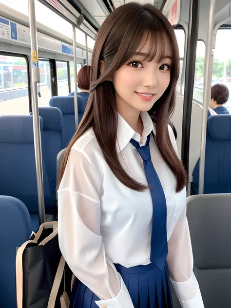 product quality, 1girl, upper body shot, front view, a Japanese young pretty woman, long bob hair, standing in a crowded bus with a big smile in the night, beautiful night view, glamorous figure, wearing a long sleeves white collared silky satin shirt with...