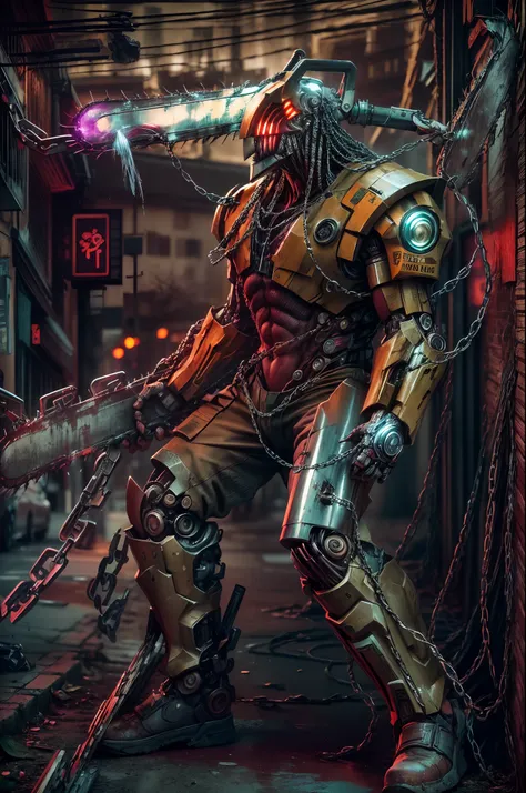 dark_fantasy,cyberpunk,(chain saw,chain saw man,red:1.1),1man,mechanical marvel,robotic presence,cybernetic guardian, wearing a ...