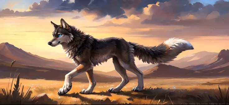 ((Solo)), Male, coyote, (Multi-colored fur, White-brown:1.3，White tail pointed), ((Wolf face, White hair, Big eyes, White eyelids, Blue pupil, Slim:1.2) (Tough, Calm expression:1.2)), Robust，Slim, pinging)), (Correct body anatomy), A big tail，Feet，Longer t...