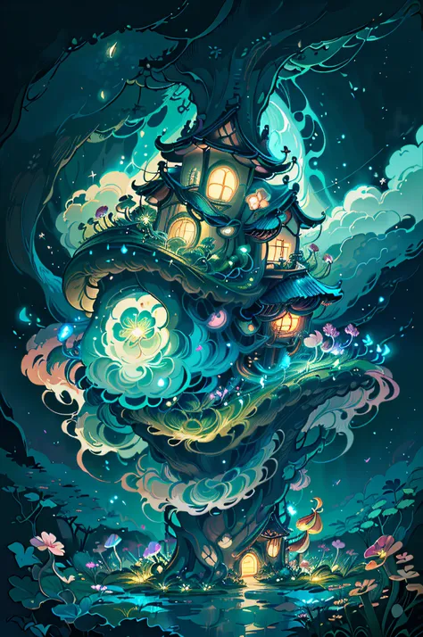 (Swirling clouds and colorful flowers), (forest fireflies fantasy japanese mushroom house), (midnight), (Irregular), (mysterious), (ridiculous), dreamy, disney, t shirt design, vector,