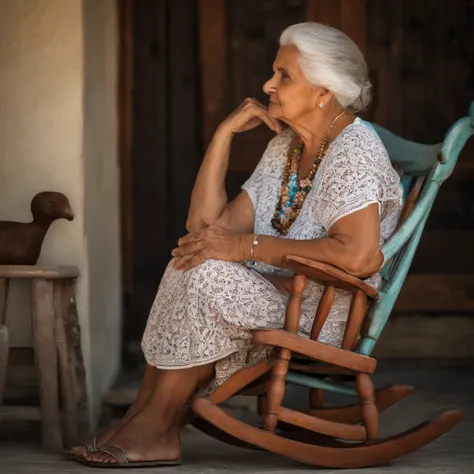 A wise old woman is sitting in a rocking chair, observando o mundo passar. Ela tem longos cabelos brancos e um rosto marcado pela idade, But his eyes are still full of life. Ela tem visto muitas coisas em sua vida, but its still learning and growing.. She ...