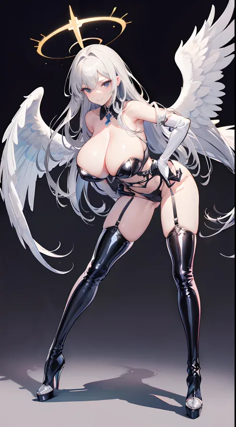 angelicales，(gigantic cleavage breasts:1.3)，Solo，Long gray hair，Cross your hands at the waist，Strapless bra，latex high heels boots，latex glove，grin face，stand posture，simplebackground