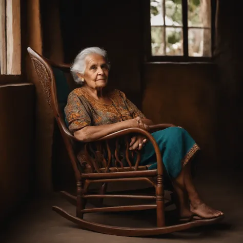 A wise old woman is sitting in a rocking chair, observando o mundo passar. Ele tem  cabelos brancos e um rosto marcado pela idade, But his eyes are still full of life. Ele tem visto muitas coisas em sua vida, but its still learning and growing.. He is a so...