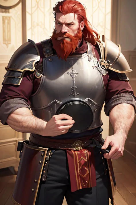 (best quality,4k,8k,highres,masterpiece:1.2),ultra-detailed,(realistic,photorealistic,photo-realistic:1.37),middle-aged man,red-haired man,bearded man,man with long red beard and sideburns, body fat and strong, wearing burgundy plate armor,carrying