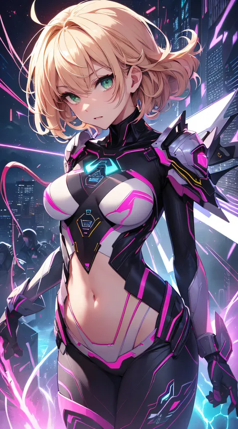 top-quality、Top image quality、​masterpiece、Android Girl((14years、Red, Black and blue glowing cybersuit、Blue energy source for the chest,Best Bust、Bust 90、Blonde Away Tail、Blue-green eyes、open chest wide、Valley、Happiness、A slender、Warlike face、Stand at the ...