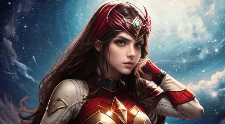 Sexy alexandra daddario as a beautiful female superheroine , olhos verdes cabelos castanhos, rabo-de-cavalo, camisa vermelha da colheita, com uma estrela dourada, wears a golden tiara on his forehead with a red gem on his head , Pulseiras de Ouro, Botas ve...