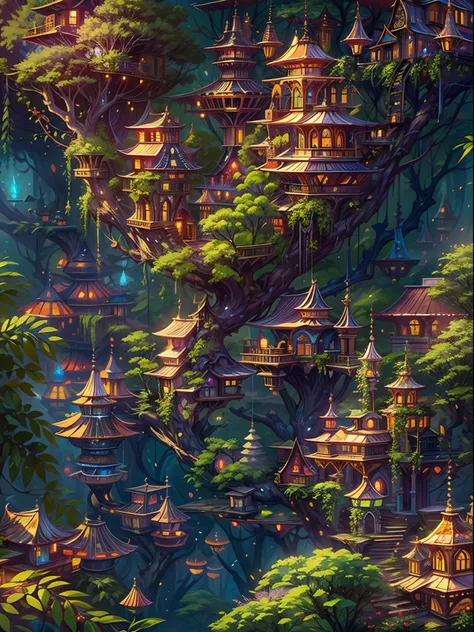 (best quality,ultra-detailed),(fantasy,imaginary) elven city,jungle,wide shot,far shot, aerial view,(magical,enchanted) world tree,tree houses,(natural magic,mystical powers),vibrant colors,(ethereal,otherworldly) lighting