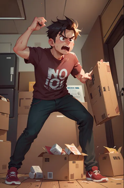 A 25-year-old man，Reached into the box，angry look，hyper HD, Best quality，A high resolution, 1080p, ccurate