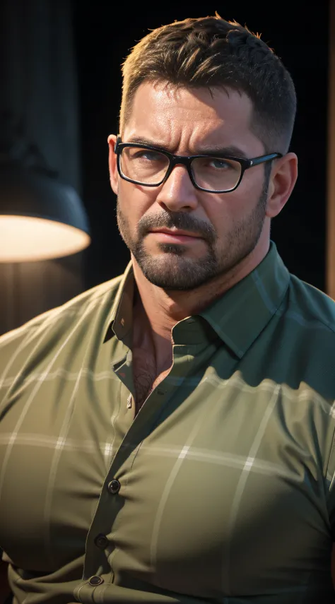 An award-winning original photo，A wild muscular man, (40 years old daddy:1.1), 1boy, Solo, (green plaid shirt), (black trouser), (big shoulders), musculature, stubbles, Short beard, Beautiful eyes:1.3, ), (Detailed face:1.3), wearing glasses, grumpy face, ...