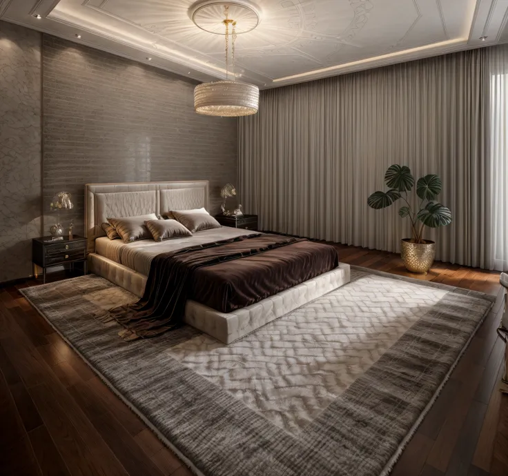 luxurybedroom,luxury, bed, rug, cozy lighting from chanderlier, (flat ceiling)