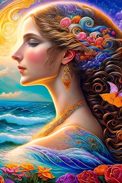 a painting of a woman, profile melting into the ocean, by Josephine Wall, hyper detailed visionary art, intricate fantasy painting, dmt goddess, dreamlikeart