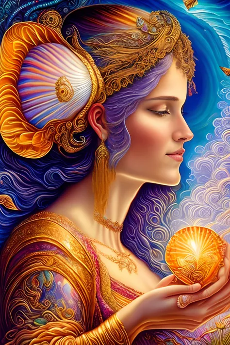 a painting of a woman holding a shell in her hand, profile melting into the ocean, by Josephine Wall, hyper detailed visionary art, intricate fantasy painting, dmt goddess, dreamlikeart