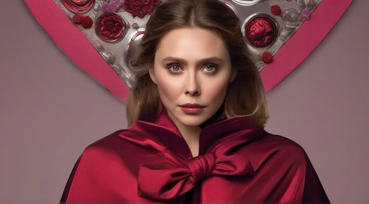 Elizabeth Olsen is Marvels Scarlet Witch, fisiculturista, super forte, musculoso, com abdominais, vestindo uma malha vermelha sem mangas, pink tights, Red boots and opera gloves, a red cape with a bow around his neck and a helmet framing his face, with the...