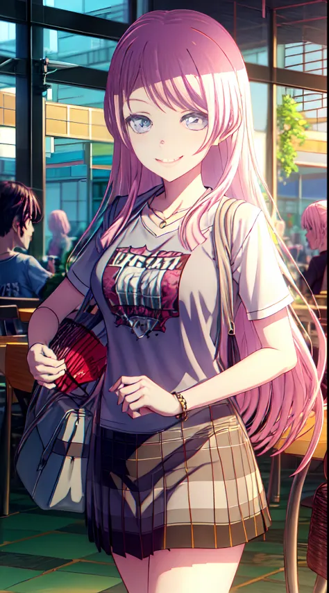 anon_chihaya, bang_dream, solo, long_hair, pink_hair, grey_eyes, open_mount, smiling, winking_eye, t-shirt, background:city, midnight