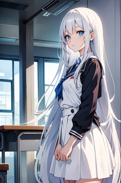 anime, white skin, white hair long, blue eyes, school uniform,classroom