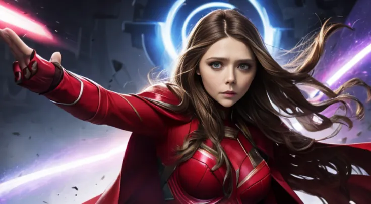 elizabeth olsen is marvel's scarlet witch, fisiculturista, super forte, musculoso, com abdominais, vestindo uma malha vermelha s...