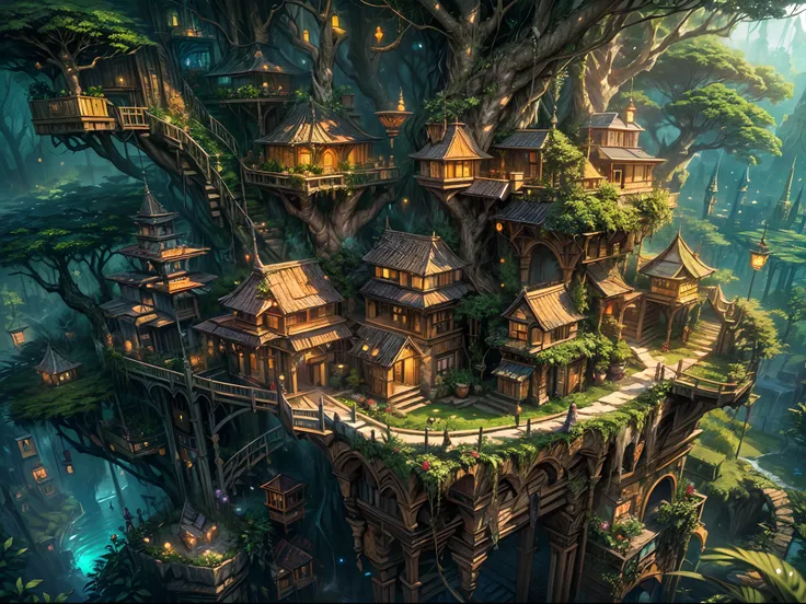 (best quality,ultra-detailed),(fantasy,imaginary) elven city,jungle,wide shot,far shot, aerial view,(magical,enchanted) world tree,tree houses,(natural magic,mystical powers),vibrant colors,(ethereal,otherworldly) lighting