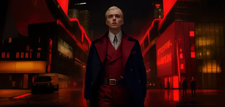 arafed image of a man in a red coat standing in a city, he is wearing a trenchcoat, style of blade runner 2049, style of bladerunner, fox, similar to malfoy, trench coat and suit, hes a hitman in peacoat, draco, dystopian style, blade runner 2049 style