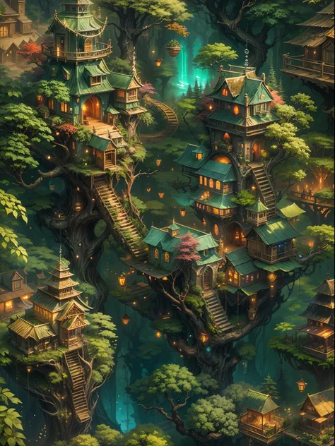 (best quality,ultra-detailed),(fantasy,imaginary) elven city,jungle,wide shot,far shot, aerial view,(magical,enchanted) world tree,tree houses,(natural magic,mystical powers),vibrant colors,(ethereal,otherworldly) lighting