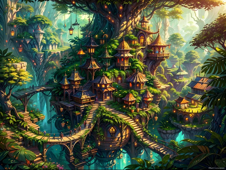 (best quality,ultra-detailed),(fantasy,imaginary) elven city,jungle,wide shot,far shot, aerial view,(magical,enchanted) world tree,tree houses,(natural magic,mystical powers),vibrant colors,(ethereal,otherworldly) lighting