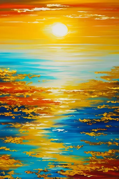 Create an abstract painting radiating a golden glow of hope. Imagine a vibrant and uplifting artwork where shades of gold blend seamlessly, casting a warm and illuminating light across the canvas. Picture abstract shapes and forms, each exuding a sense of ...