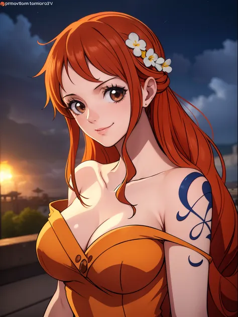 nami from one piece,very light orange and yellowish haired girl,beautiful brown eyes, blushing cheeks,in a clouds in the sky smi...