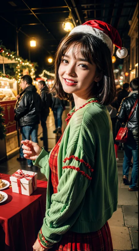 Christmas fashion, vibrant christmas scene, groovy style, nostalgic ambiance, energetic grave floor:0.2 groovy image of a women christmas an 80s outfit, immersed in the vibrant atmosphere of a christmas party. His attire reflects the fashion trends of the ...