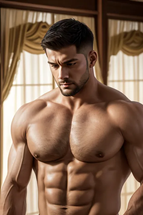 disconsolate，Ambient，artistic conception，large scene，The wind blew up the white curtains，Big sky lantern，diffuse light，chest muscle，Shirtless, stubbles, Sideburns, musculature, Strong handsome guy，body builder，Hanfu，gold blue colors、Jing Qing Moqing、Pure c...